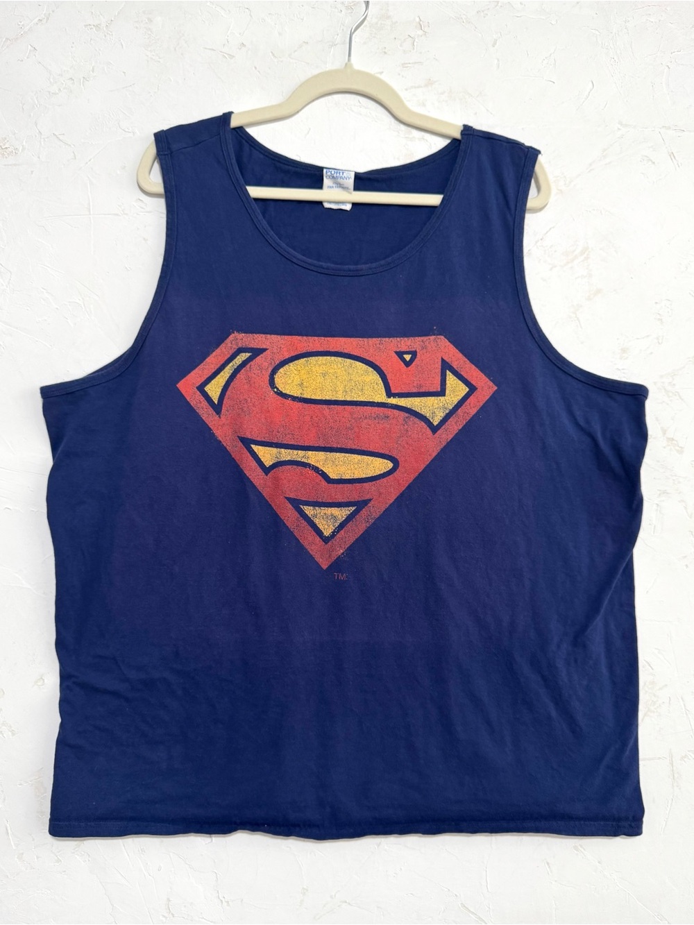 Port and Company Navy Tank with Red and Yellow Superman Shield Graphic